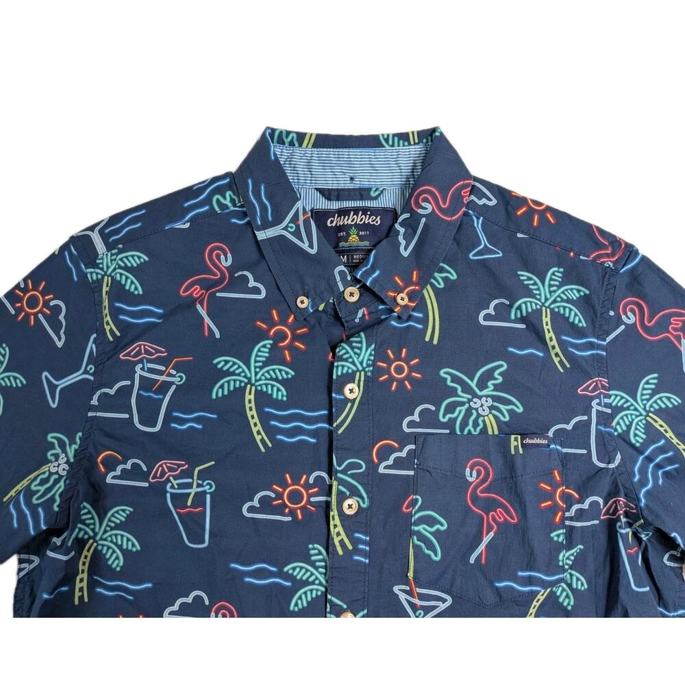 Chubbies Shirt Mens Medium Blue Neon Lights Flamingos Beach Party Allover Print